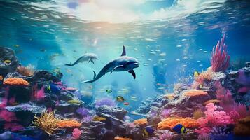 delfiner och en rev undervattenskablar miljö. elektronisk collage bilder som tapet, generativ ai foto