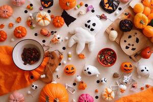 halloween rustik prydnad flatlay sammansättning. halloween dekor på orange bakgrund. generativ ai. foto