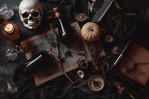 halloween rustik prydnad flatlay sammansättning. halloween dekor på mörk trä- bakgrund. generativ ai. foto