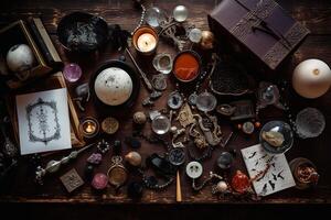 halloween rustik prydnad flatlay sammansättning. halloween dekor på mörk trä- bakgrund. generativ ai. foto