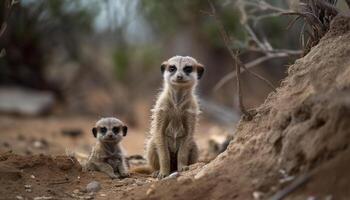 söt meerkat familj tittar på ung apa nyfikenhet genererad förbi ai foto