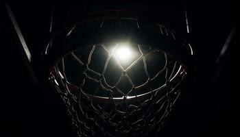 blå basketboll ring lyser i de mörk natt genererad förbi ai foto