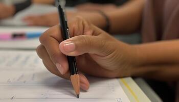 caucasian barn studerar, innehav penna för teckning genererad förbi ai foto