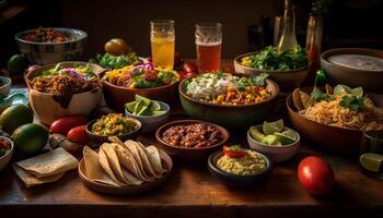 färsk guacamole i trä- skål med tortilla pommes frites genererad förbi ai foto