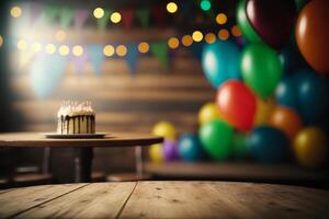 födelsedag kaka sitter på topp av trä- tabell med färgrik ballonger. generativ ai foto