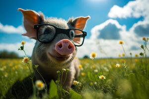 gris bär glasögon i fält av blommor. generativ ai foto