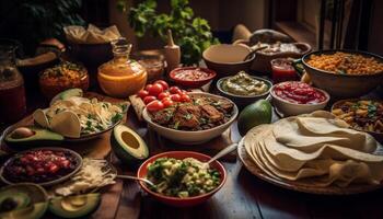 nyligen tillverkad guacamole och tomat tacos eras rustik genererad förbi ai foto