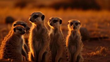 små grupp av meerkats tittar på natur skönhet genererad förbi ai foto