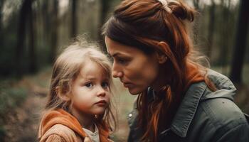 mor och dotter fattande i höst skog genererad förbi ai foto