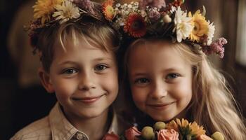 söt syskon leende, Framställ med blomma krans genererad förbi ai foto