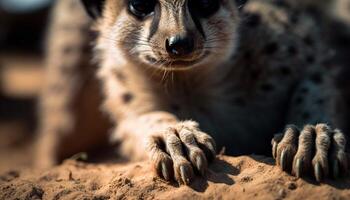 stänga upp porträtt av söt meerkat stirrande alert genererad förbi ai foto