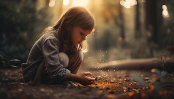ett söt flicka ler, spelar i skog genererad förbi ai foto