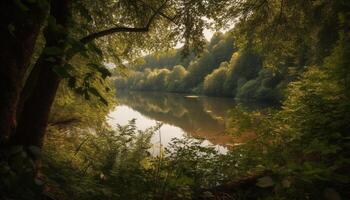 lugn scen av skog damm speglar höst skönhet genererad förbi ai foto