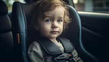 söt caucasian litet barn leende i bil sittplats genererad förbi ai foto