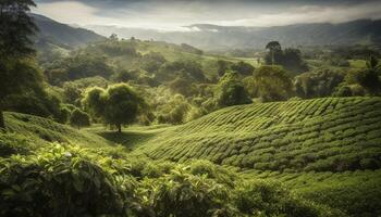 grön te fält på dimmig cameron highlands genererad förbi ai foto