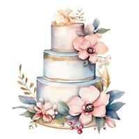 vattenfärg bröllop kaka med blommor. illustration ai generativ foto