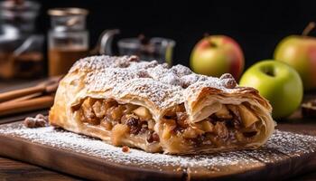 nyligen bakad äpple strudel på rustik tallrik genererad förbi ai foto