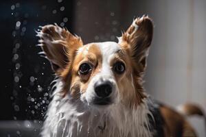 porträtt av en söt hund i de dusch. de begrepp av sällskapsdjur vård. ai genererad foto