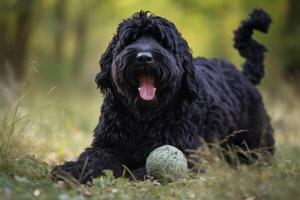 en stor svart terrier hund med en boll liggande i de gräs ai genererad foto