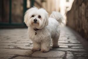 söt maltese hund gående i de gammal stad. selektiv fokus. ai genererad foto