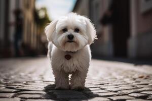 söt liten maltese hund stående på en kullersten gata ai genererad foto