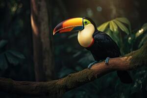 toucan Sammanträde på en gren i de regnskog på solnedgång, en toucan Sammanträde på en gren i de djungel, ai genererad foto