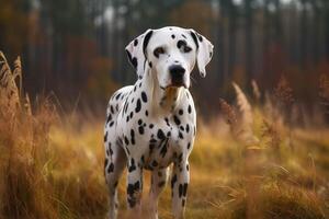 dalmatian hund stående i ett höst skog och ser på kamera ai genererad foto