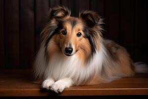 shetland fårhund, sheltie hund på en mörk bakgrund ai genererad foto