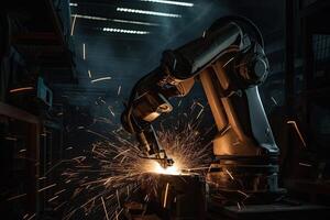 industriell robot svetsning metall i fabrik. industriell robot arbetssätt i fabrik, en robot hand svetsning i en fabrik går med metall komponenter tillsammans, gnistor flygande, ai genererad foto