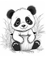 svart och vit bebis panda illustration. söt bebis panda Sammanträde uppsättning design på en vit bakgrund. svart och vit panda Valp äter bambu illustration bunt. bebis panda illustration. ai genererad. foto