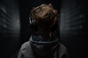 tillbaka se av de pojke i hörlurar lyssnande till musik på svart vägg bakgrund, en ung pojke full bak- se med hörlurar lyssnande musik, ai genererad foto