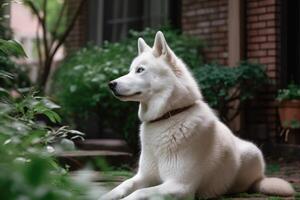 skön vit sibirisk hes hund Sammanträde i de trädgård ai genererad foto