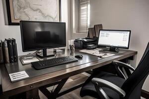interiör av en modern kontor med svart dator och svart stol. en verklig egendom kontor skrivbord organiserad med olika kontor pappersvaror, tycka om pennor, anteckningsblock, mappar, och dator foto