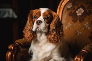 stolt kung charles spaniel Sammanträde på ett fåtölj. ai genererad foto