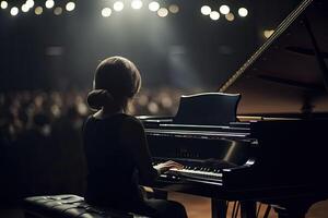 ung kvinna spelar de piano i en konsert hall. selektiv fokus. en pianist spelar en stor piano med passionen och expertis, ai genererad foto