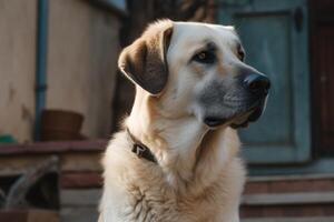 labrador retriever hund porträtt på en bakgrund av de gammal hus. ai genererad foto