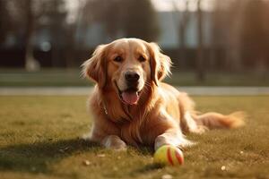 söt gyllene retriever hund spelar med en boll i de parkera ai genererad foto