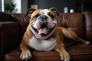 engelsk bulldogg liggande på soffa och gapande på Hem i levande rum ai genererad foto