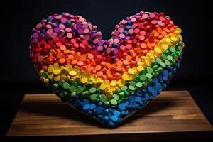 hjärta tillverkad av färgrik konfetti på en trä- tabell. svart bakgrund. en hjärta tillverkad av regnbåge färger, ai genererad foto