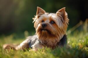 porträtt av en söt yorkshire terrier liggande på de gräs. ai genererad foto