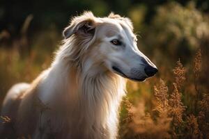 skön porträtt av en borzoi hund i de fält ai genererad foto