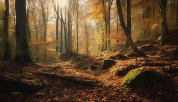 lugn scen av höst skog, vibrerande färger och mysterium finnas i överflöd genererad förbi ai foto