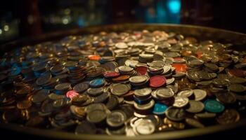 skinande mynt stack i en cirkel, symboliserar rikedom och Framgång genererad förbi ai foto
