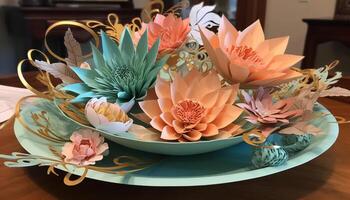 abstrakt blommig mönster på modern krukmakeri skål med färsk frukt genererad förbi ai foto