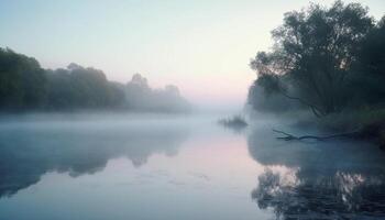 lugn scen av höst skog, reflexion i damm, naturlig skönhet genererad förbi ai foto