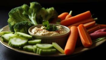 friska vegetarian måltid sallad med färsk grönsaker och gourmet dopp genererad förbi ai foto