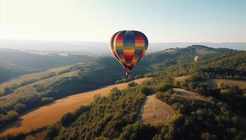sommar äventyr flygande hög i varm luft ballong över bergen genererad förbi ai foto