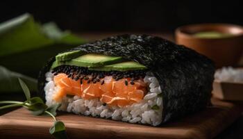 färsk skaldjur måltid sushi, sashimi, och nigiri på trä- tallrik genererad förbi ai foto