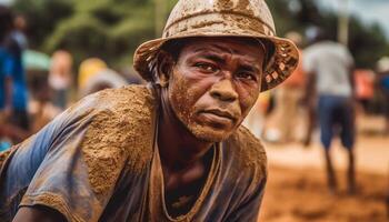 verklig människor leende i traditionell Kläder på afrikansk festival utomhus genererad förbi ai foto