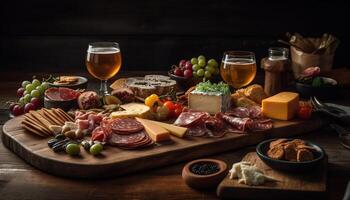 rustik tabell med gourmet kött, vin, och färsk aptitretare genererad förbi ai foto
